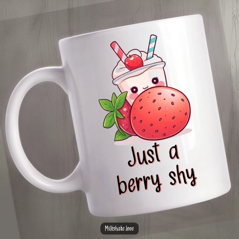 Funny Kawaii milkshake character peeking out shyly from behind a giant, ripe strawberry on a mug.