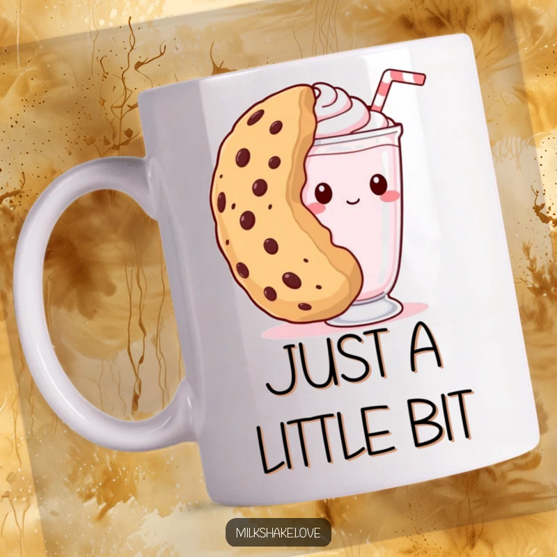 Funny kawaii milkshake mug featuring a shy milkshake peeking from behind a giant cookie, adding a cute and secretive vibe.