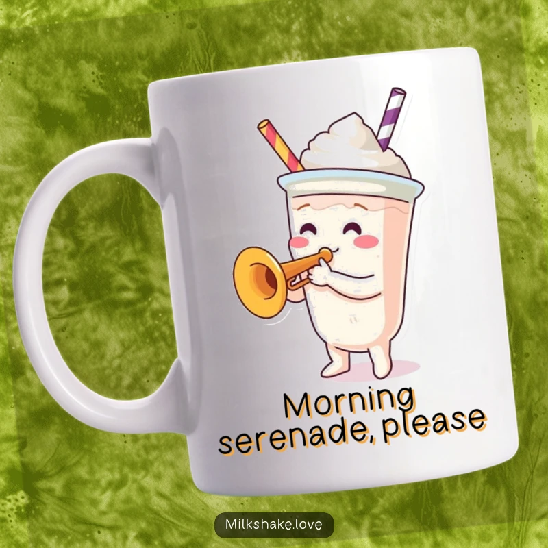 Funny Mug: A milkshake cup character energetically playing a tiny trumpet, creating a whimsical and joyful scene.