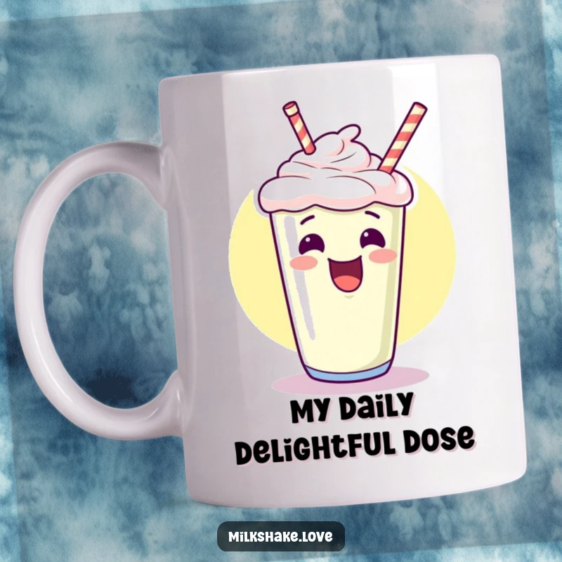 Funny kawaii milkshake mug giggling and excitedly pointing upwards with a big flourish, showcasing pure joy and a hilarious happy vibe.