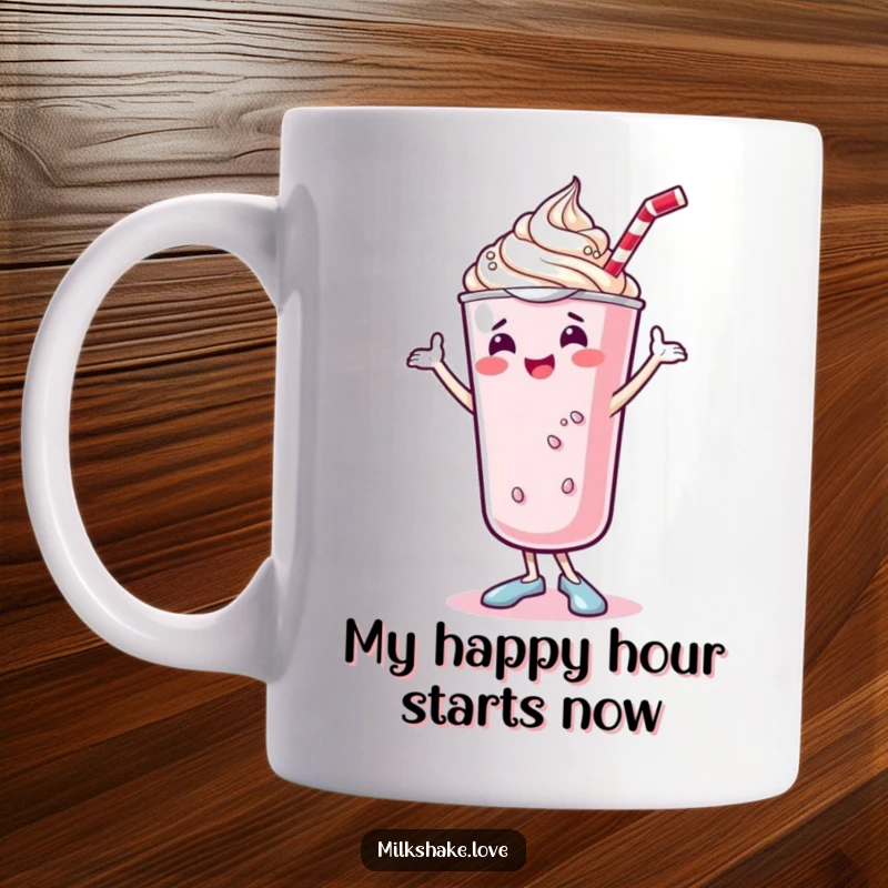 Funny milkshake mug featuring a cute kawaii milkshake with whipped cream doing a joyful shimmy dance, perfect for a happy start.