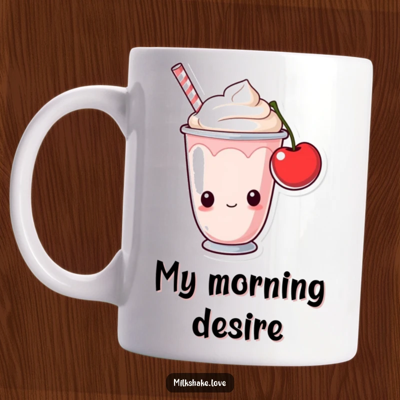 Funny milkshake cup with wide eyes peering curiously at a bright red cherry. A humorous mug for dessert fans.
