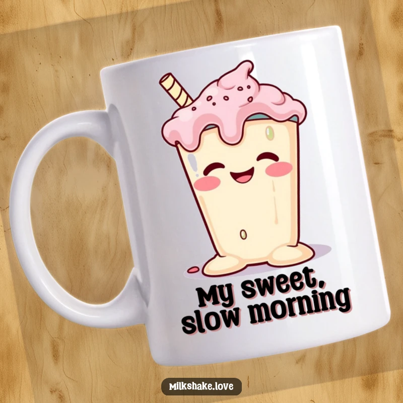Funny melting milkshake with a goofy grin slumping happily on a mug, radiating pure, sweet contentment. A whimsical and fun design.