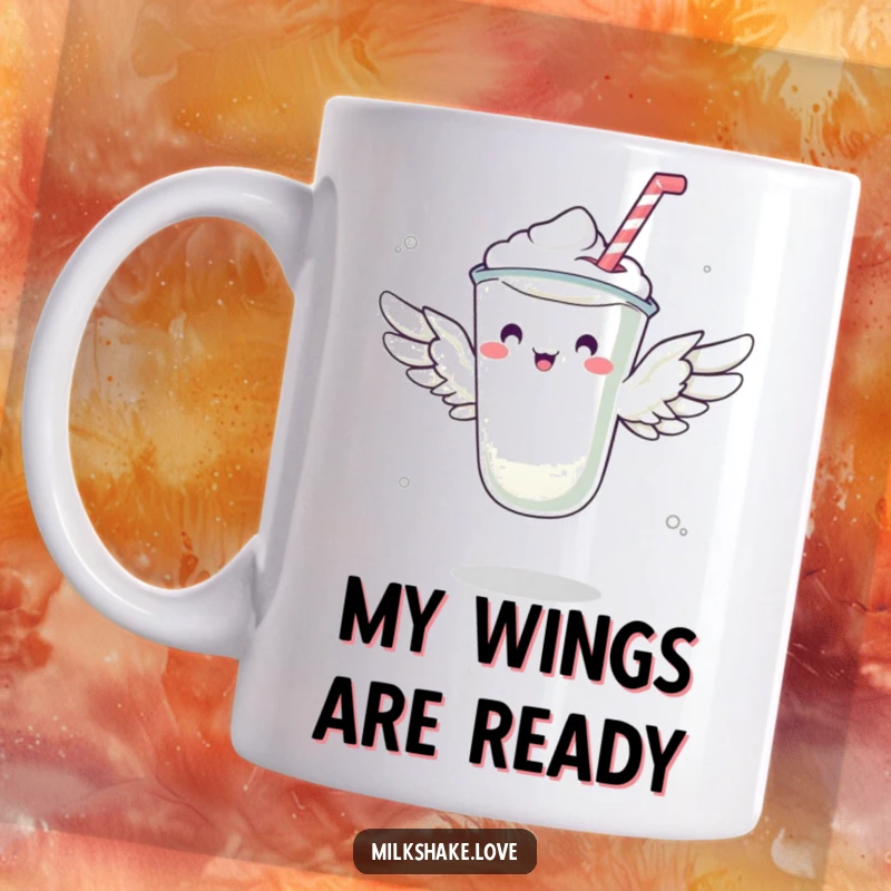 Funny milkshake mug with tiny wings attempting to fly, showcasing a humorous and surreal dessert adventure.