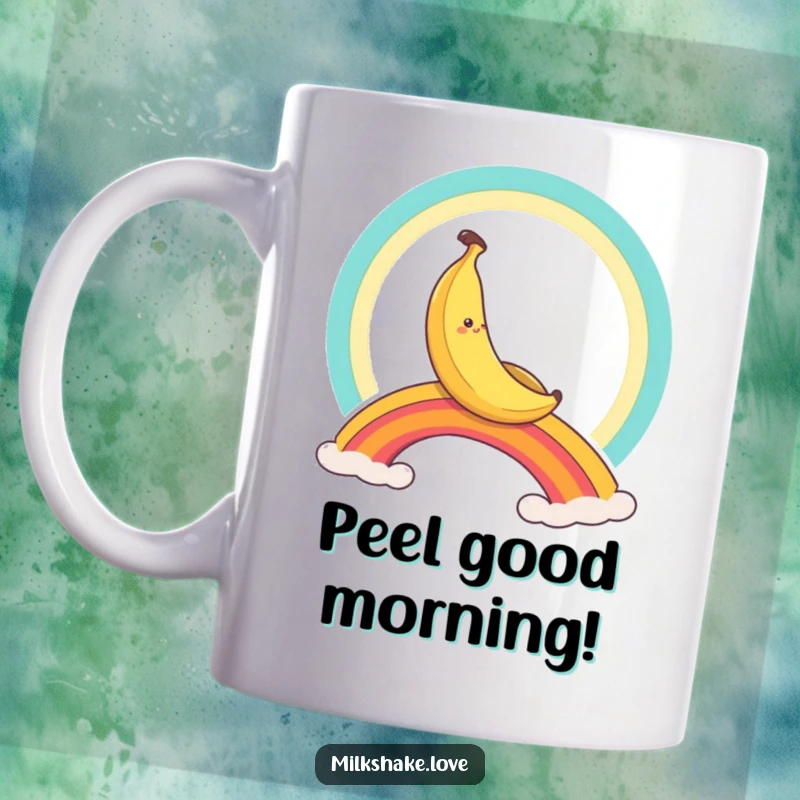Funny banana character joyfully slides down a vibrant rainbow, a humorous and colorful illustration for a mug.