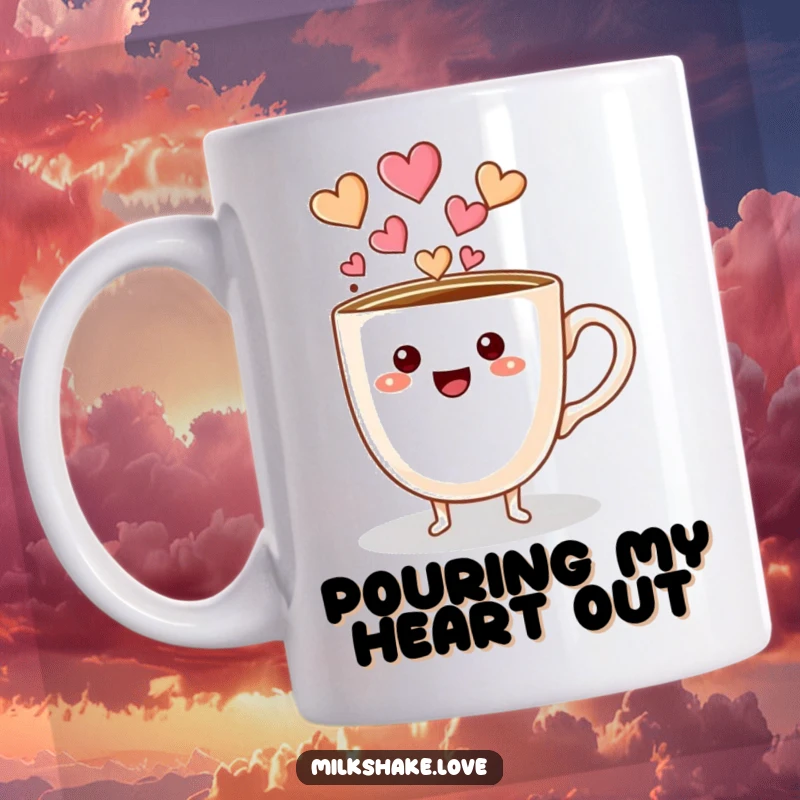 Funny coffee cup character with tiny feet, pouring a stream of red hearts, perfect for a heartwarming morning.
