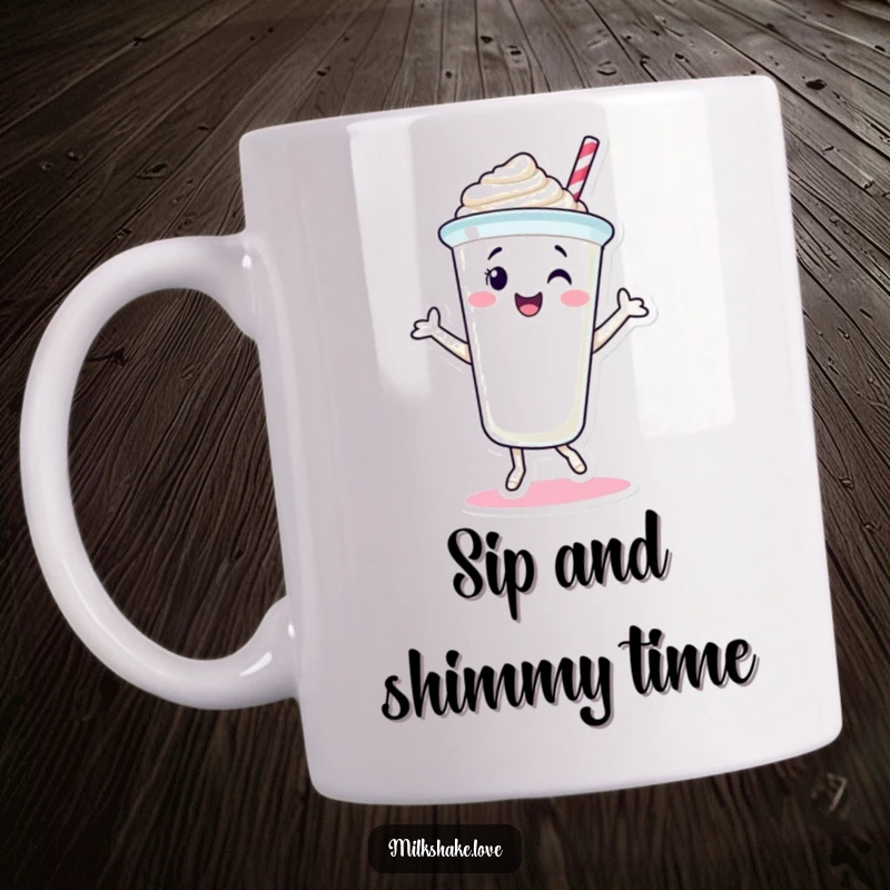 Funny Milkshake Cup Mug featuring a smiling character joyfully dancing, radiating pure happiness and sweet vibes.