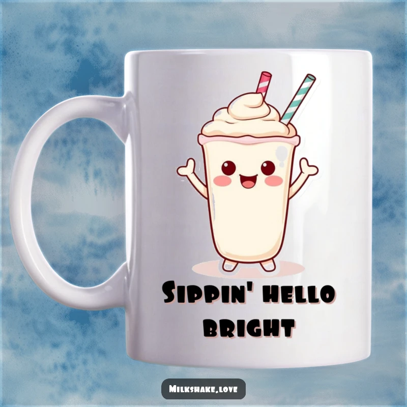 Funny Kawaii Milkshake Mug featuring a cute character giving a cheerful wave using its straw with a friendly smile.