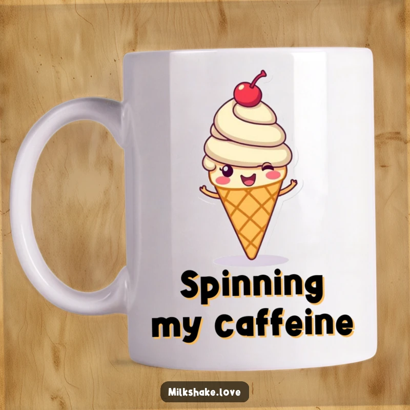 Funny ice cream cone mug, a cheerful character with a cherry on top spinning happily, perfect funny gift.
