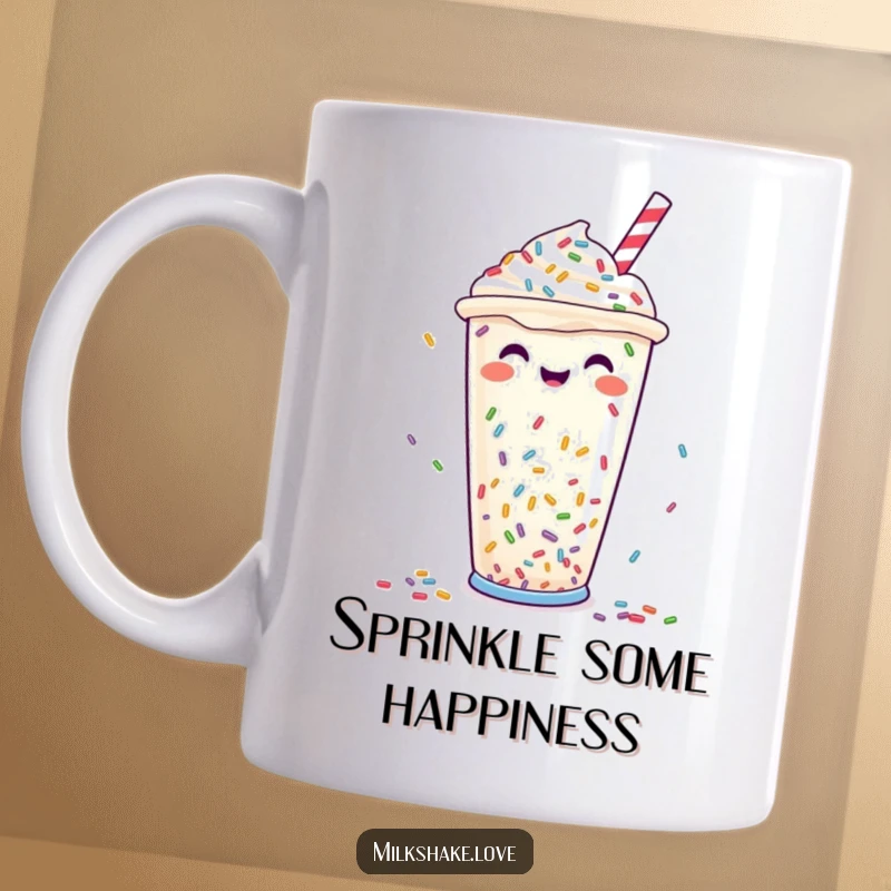 Funny Mug: A jubilant milkshake cup overflowing with colorful sprinkles raining down, representing pure happiness and celebration.
