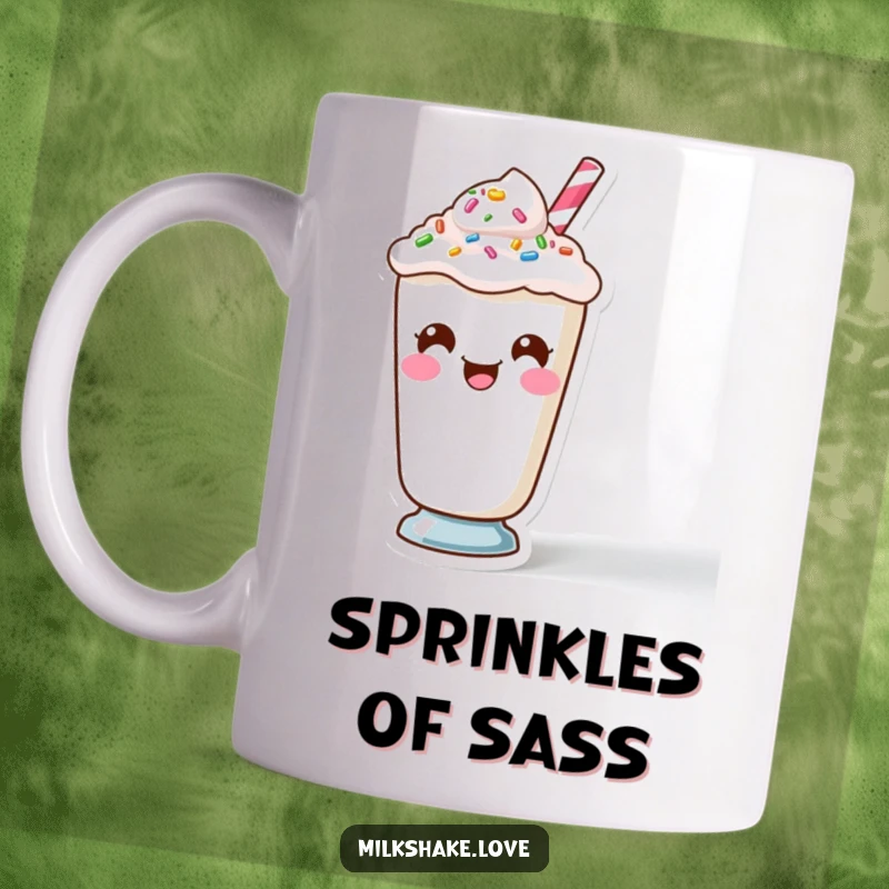 Funny Kawaii Milkshake character with a comical face made from its colorful sprinkles on a mug.