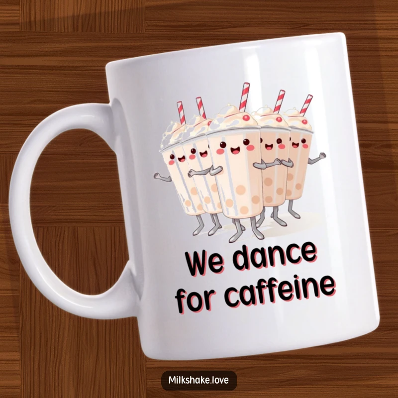 Funny mug showing a group of mini milkshakes performing a synchronized dance, a delightful and humorous dessert scene.