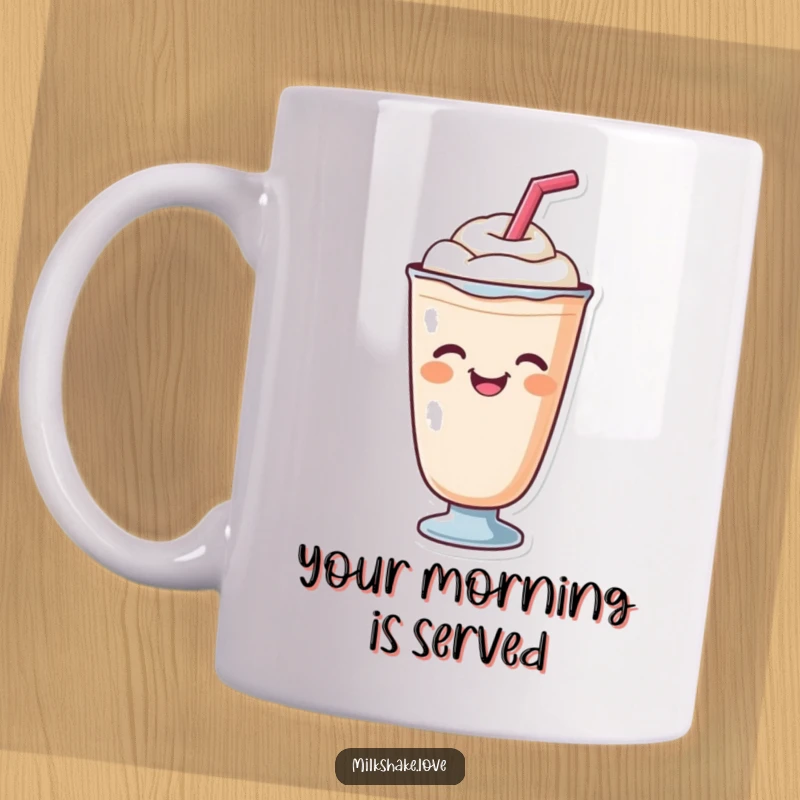 Funny cute milkshake with a straw giving a cheerful wink, printed on a ceramic mug, radiating joy.