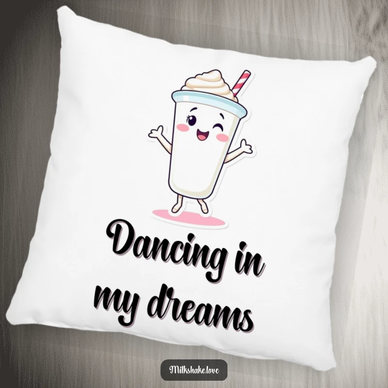 Funny Milkshake Cup Pillow with a smiling milkshake character dancing joyfully. Soft, colorful, and delightfully humorous.