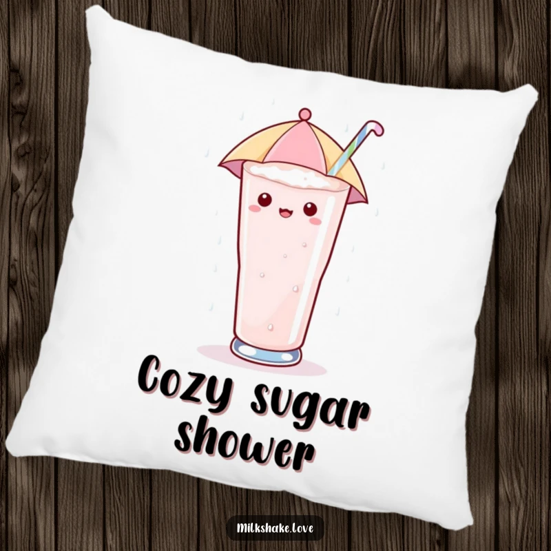 Funny Pillow with a kawaii milkshake glass holding a tiny umbrella, enjoying sugary rain, offering sweet comfort and humor.