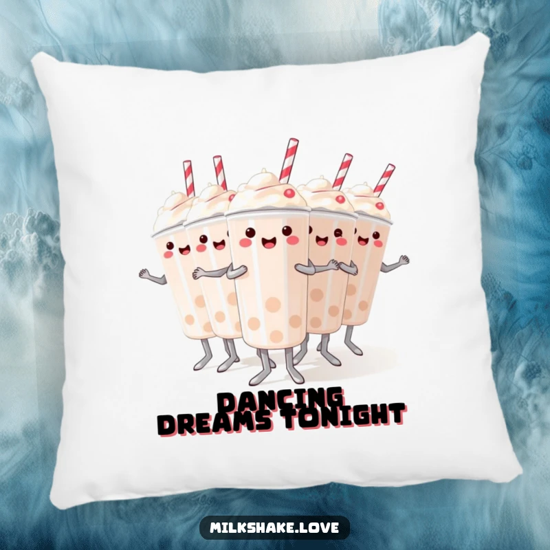 Funny pillow featuring mini milkshakes performing a synchronized dance, offering cozy comfort and a humorous dessert theme.