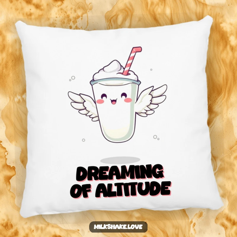 Funny pillow featuring a milkshake with small wings trying to fly, offering comfort and a dose of edible humor.