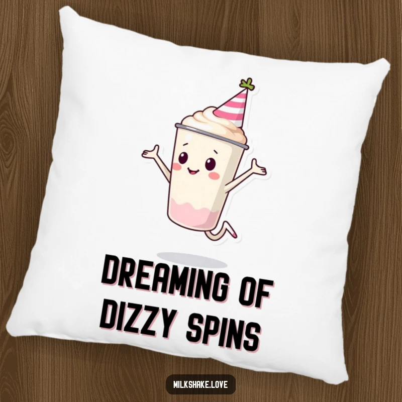 Funny Milkshake Cup Pillow with a milkshake character in a party hat doing a cartwheel. Soft, festive, and delightfully humorous.