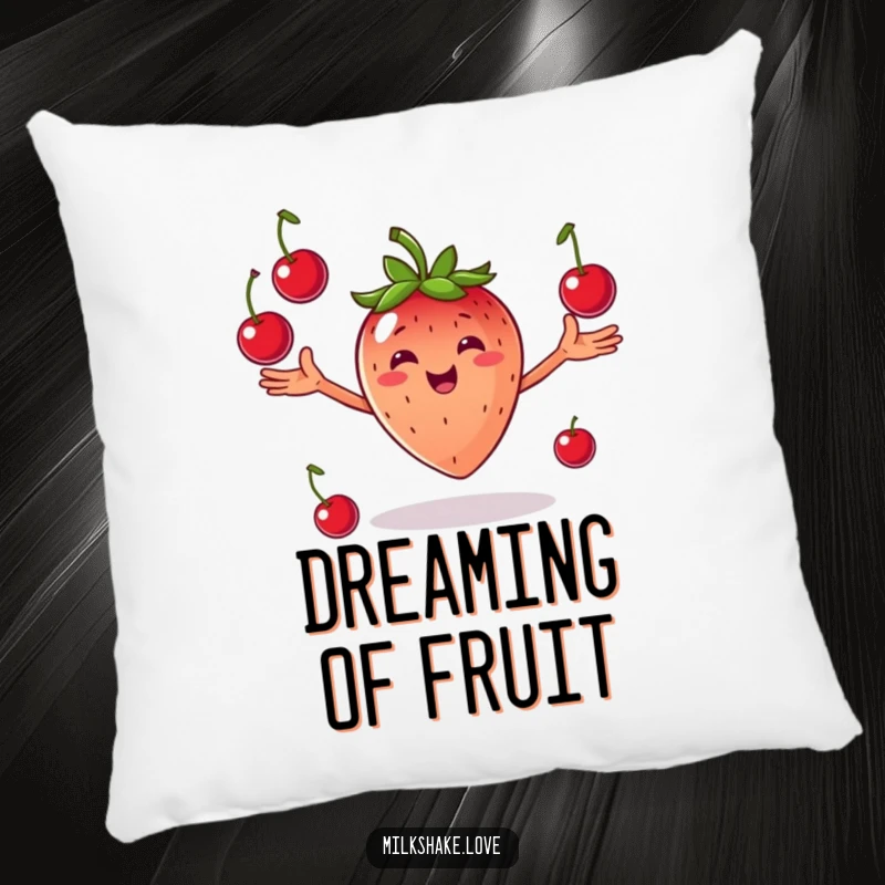 Funny Juggling Strawberry Pillow: A smiling strawberry with arms outstretched joyfully juggling cherries, soft and joyful.