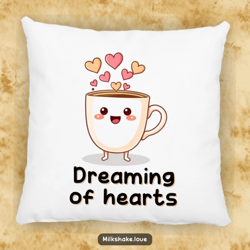 Funny coffee cup character with tiny feet pouring hearts on a soft, plush pillow, perfect for cozy comfort.