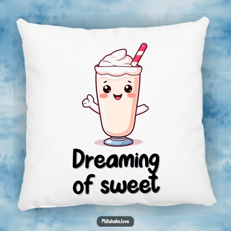 Kawaii milkshake character with a sweet smile, designed as a soft and humorous pillow.