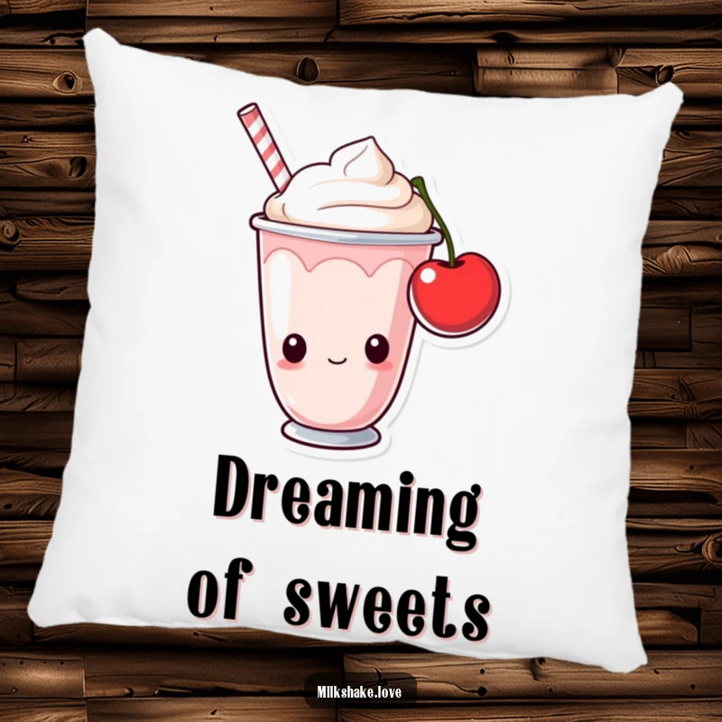 Funny milkshake cup with curious eyes looking at a cherry. Soft pillow for humorous and sweet home decor.