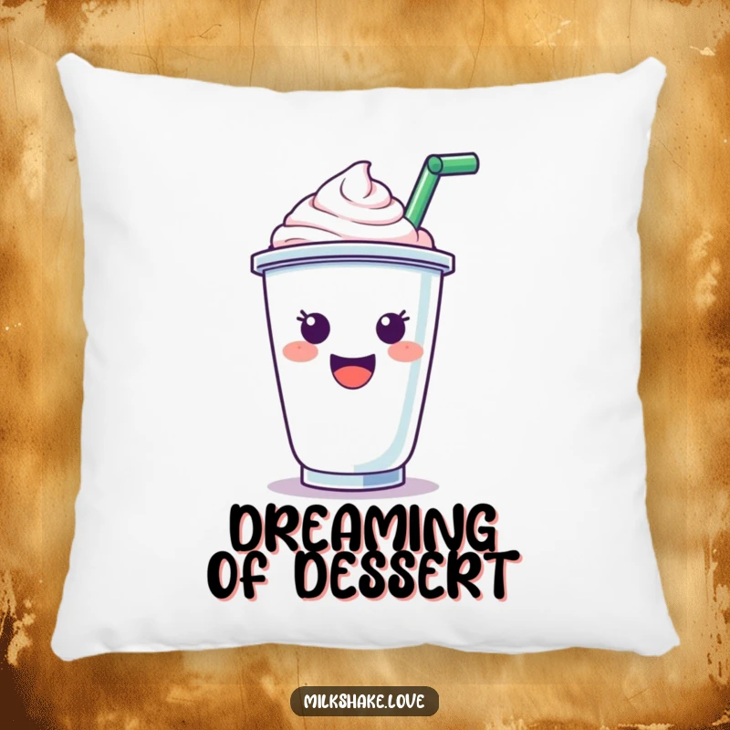 Funny Pillow: A plush cushion showcasing a happy milkshake cup character cheering, adding a touch of playful comfort.