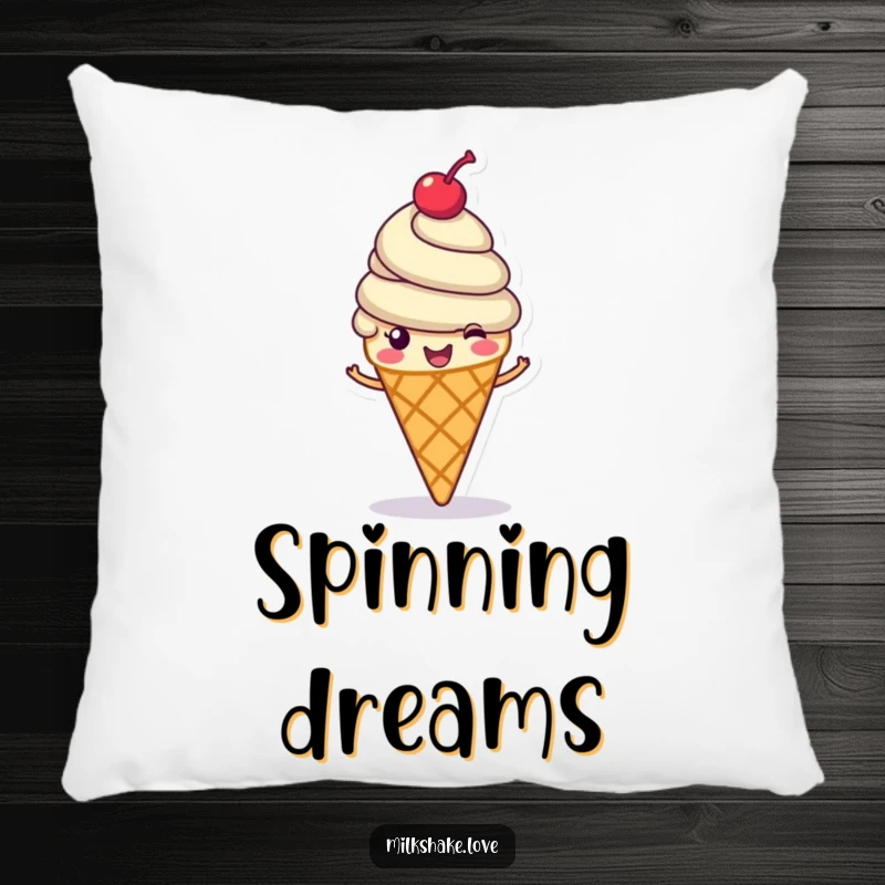 Funny ice cream cone pillow, a cheerful ice cream cone with a cherry on top spinning happily, cozy funny gift.