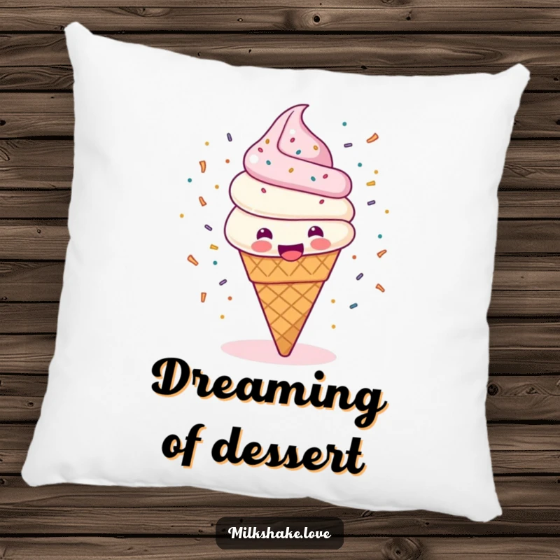 Funny pillow featuring a happy ice cream cone spinning with sprinkles flying, providing cozy comfort and sweet decor.
