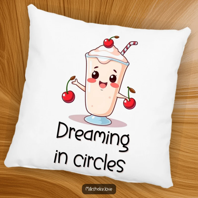 Funny Pillow with a happy kawaii milkshake juggling three tiny cherries, offering comfort and playful, humorous skill.