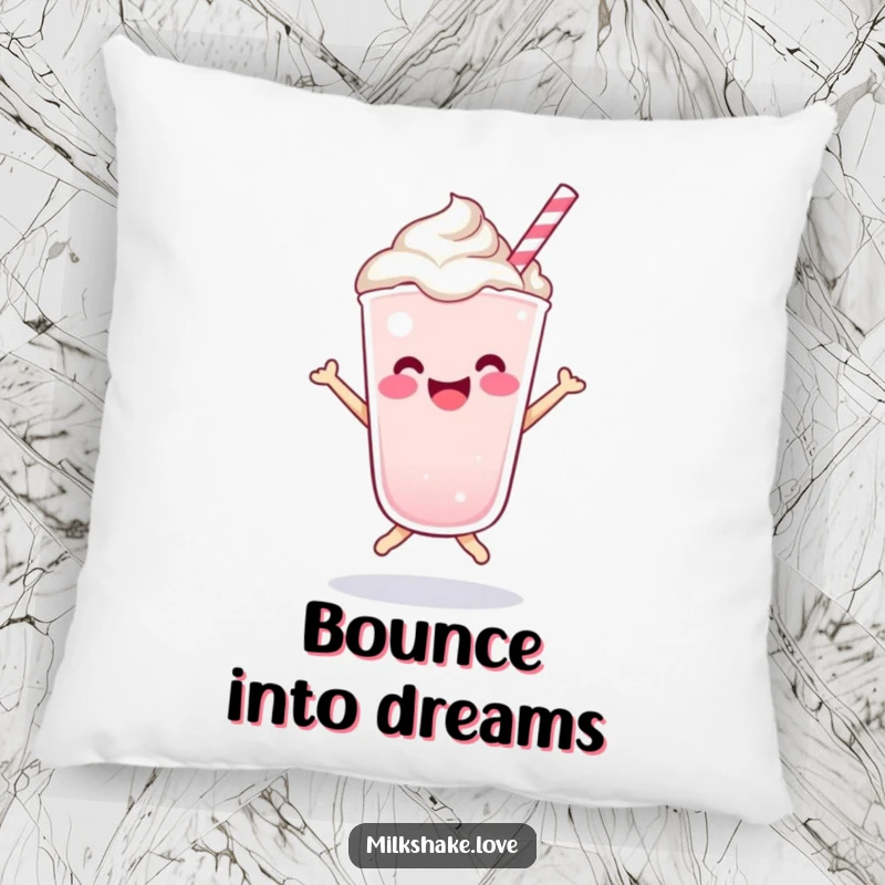 Funny Kawaii milkshake character doing a happy bounce, depicted on a plush, decorative pillow for cozy comfort.