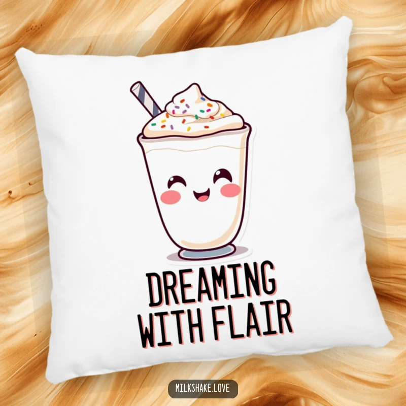 Funny Kawaii milkshake character making a funny face with sprinkles, depicted on a plush, decorative pillow.