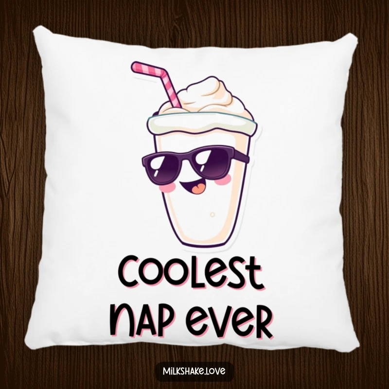 Funny kawaii milkshake character with a wide grin and sunglasses, a humorous and comfortable decorative pillow.