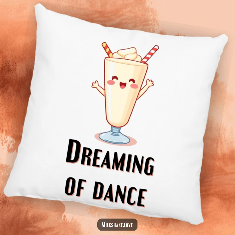 Funny Kawaii milkshake pillow, a soft cushion showcasing a happy, dancing beverage, ideal for comfort and cheerful décor.