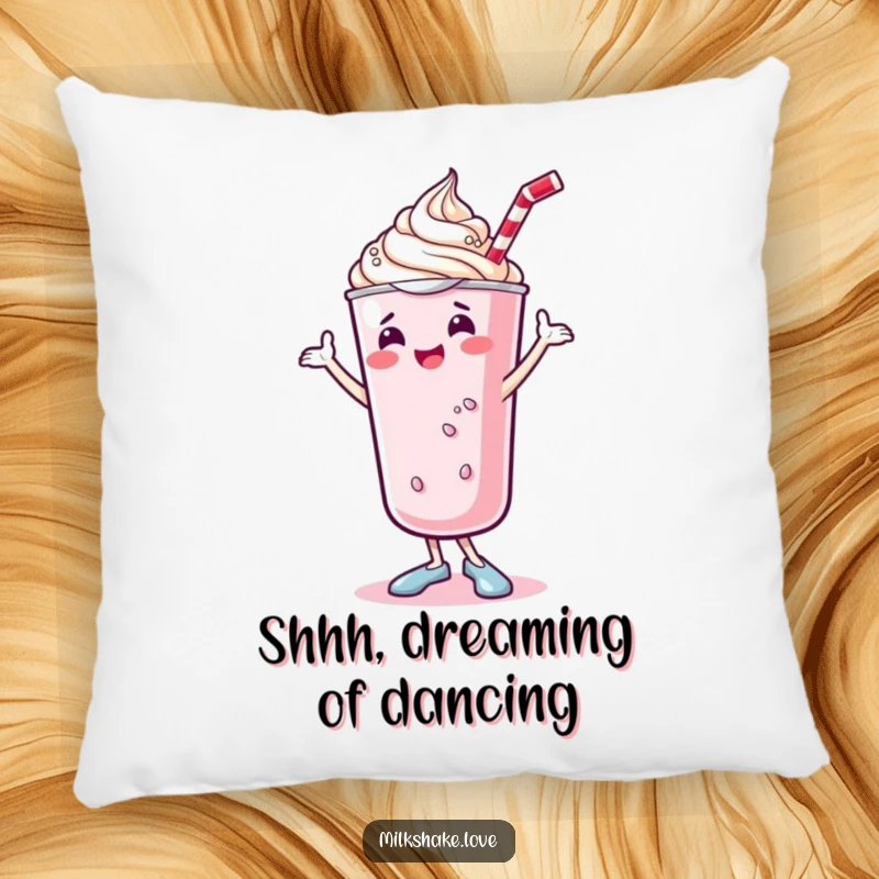Funny kawaii milkshake pillow featuring a cute, dancing milkshake with whipped cream doing a joyful shimmy, perfect for adding playful comfort.
