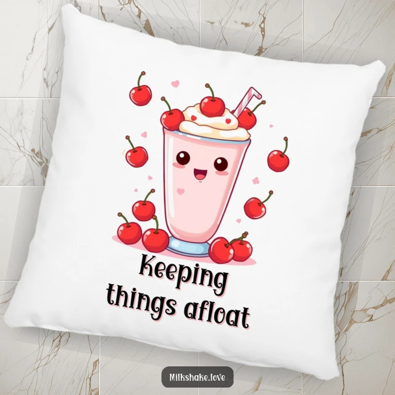 Funny Pillow featuring a Kawaii milkshake happily juggling tiny cherries, bringing a delightful and playful touch to any room.