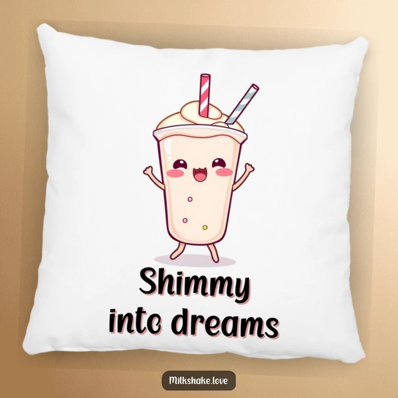 Funny Pillow featuring a Kawaii milkshake doing a playful shimmy, its straw dancing with energy, adding a fun touch.