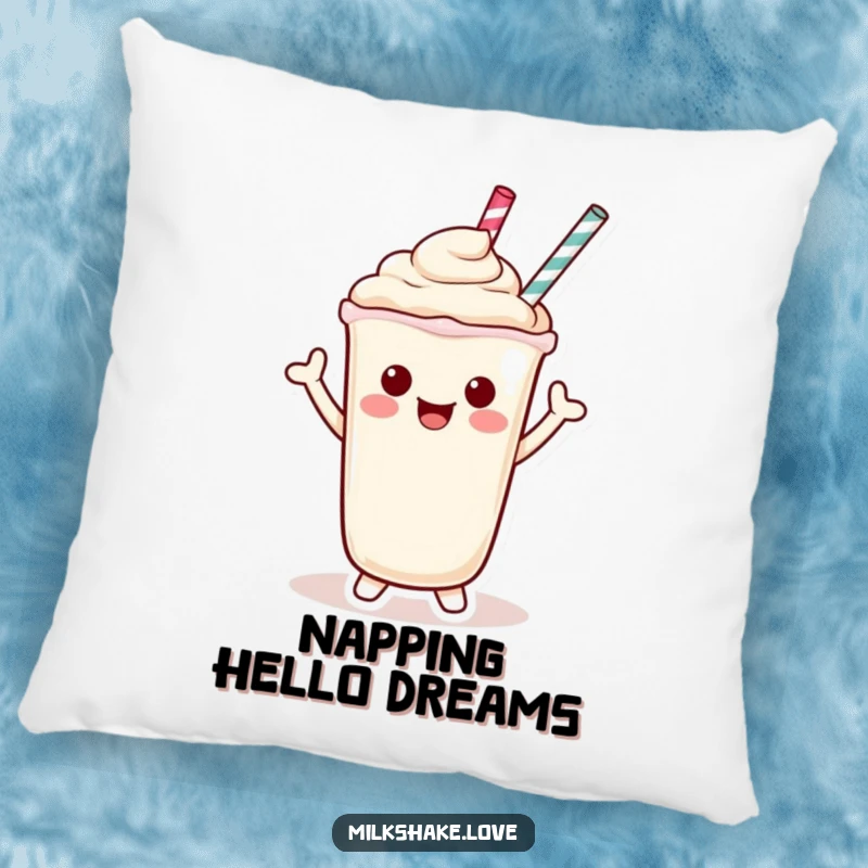 Funny Pillow featuring a cute Kawaii milkshake character waving cheerfully with its straw, offering maximum comfort and warmth.