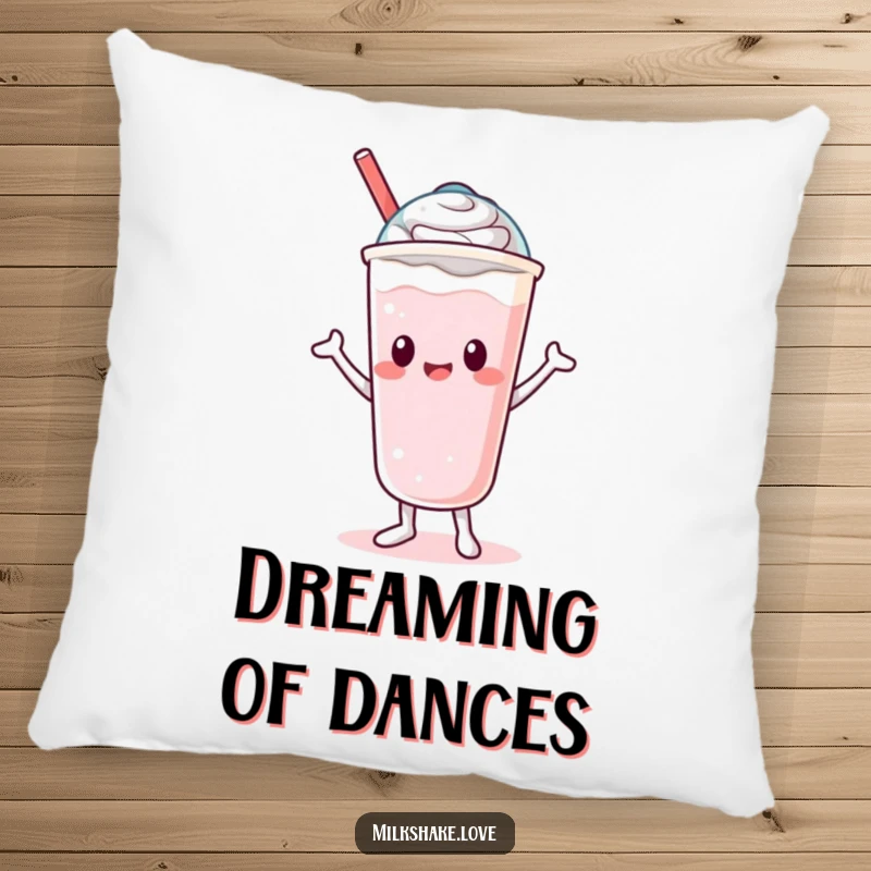 Funny Pillow featuring a cute Kawaii milkshake character doing a silly dance with its lid, offering maximum comfort and fun.