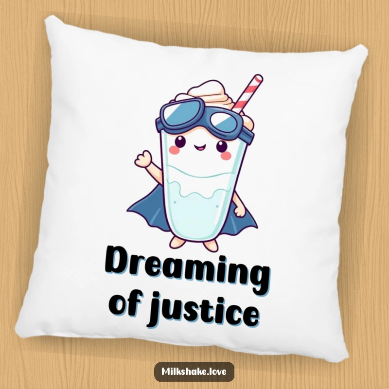 Kawaii milkshake character as a superhero, designed as a soft and humorous pillow.