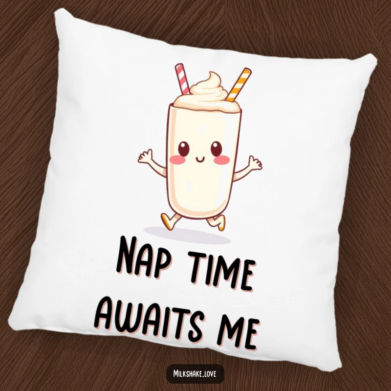 An anthropomorphic milkshake character doing a happy little hop, printed on a soft and cuddly funny pillow.