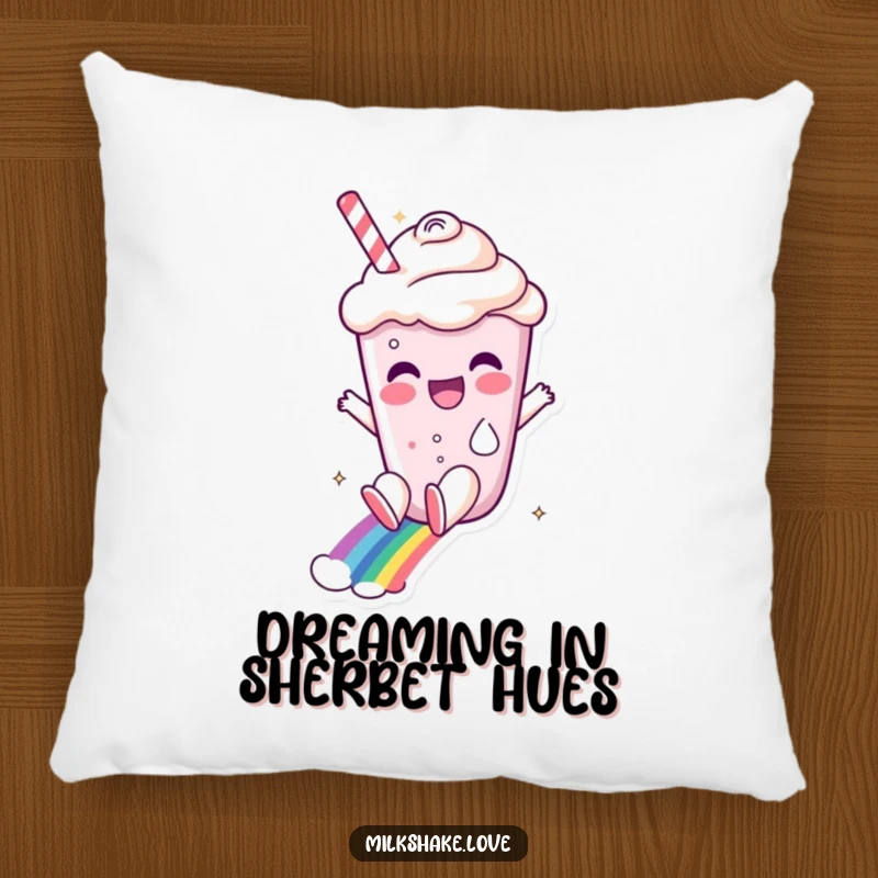 Funny milkshake character experiencing pure bliss while sliding down a rainbow on a soft, decorative pillow.