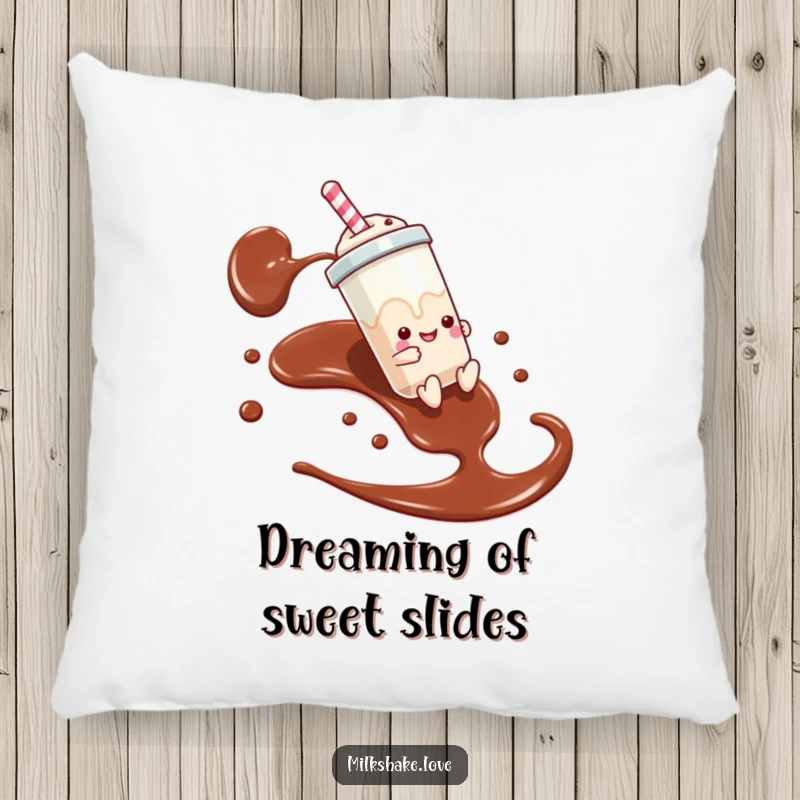 Funny decorative pillow featuring a milkshake character sliding down chocolate syrup, offering fun comfort and humor.