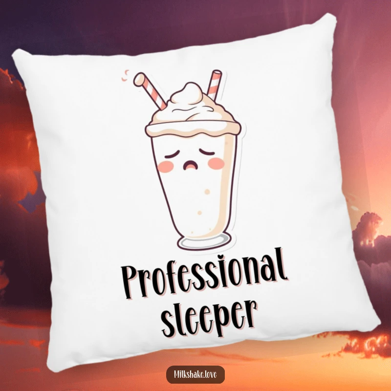 Funny pillow with a sleepy milkshake character yawning deeply, straw drooping, embodying ultimate tiredness.