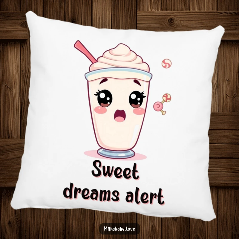 Funny pillow with a surprised milkshake character looking stunned with wide eyes at a floating candy.