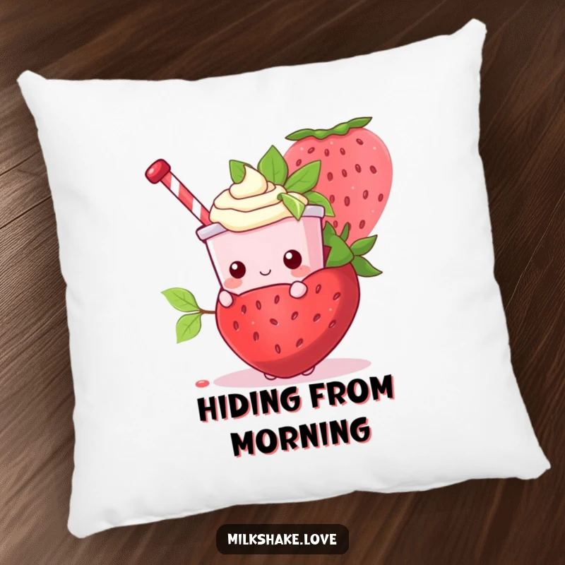 Funny Kawaii Milkshake character hiding playfully behind a giant strawberry on a soft, decorative pillow.