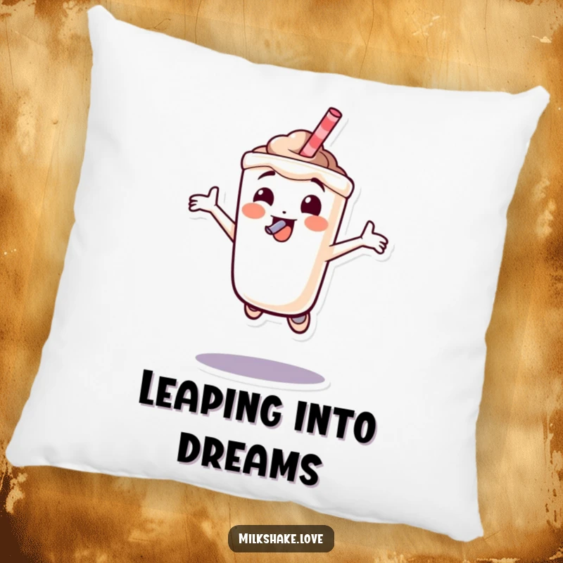 Funny milkshake character joyfully jumping with a straw in its mouth, a humorous and comfortable decorative pillow.