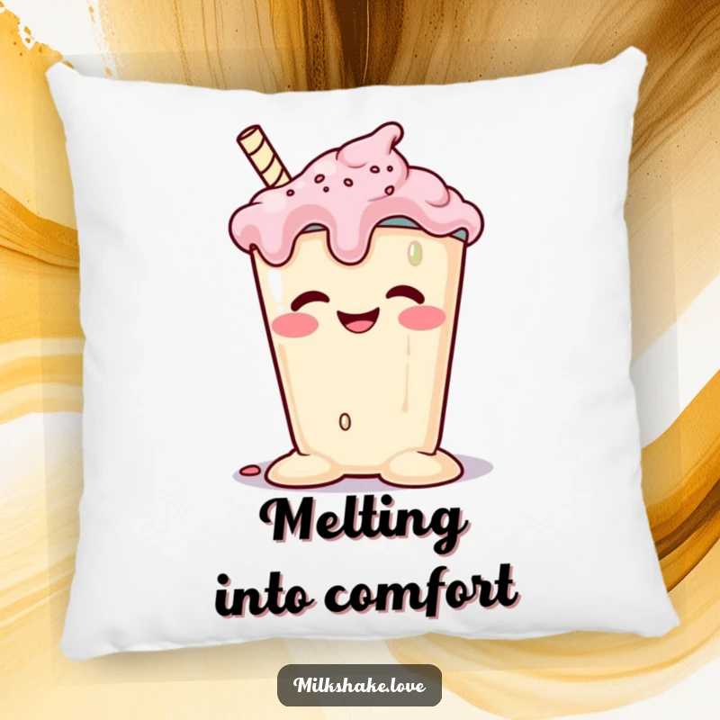 Funny melting milkshake with a goofy grin slumping happily, featured on a soft, plush pillow. A comfy and amusing decor item.