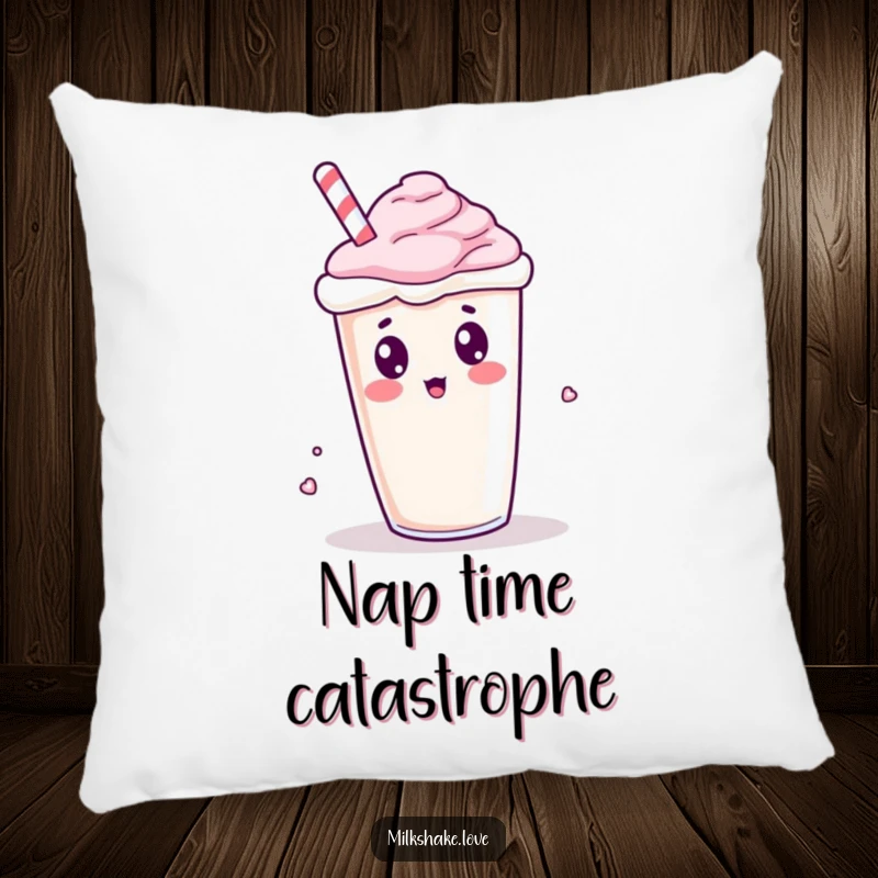 Funny Kawaii Milkshake Pillow: A surprised, tipping milkshake character for a humorous and comfortable accent.