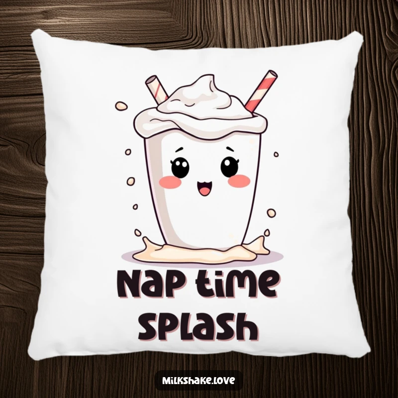 Funny kawaii milkshake character playfully splashing its contents, on a soft and funny pillow, perfect for sweet decor.